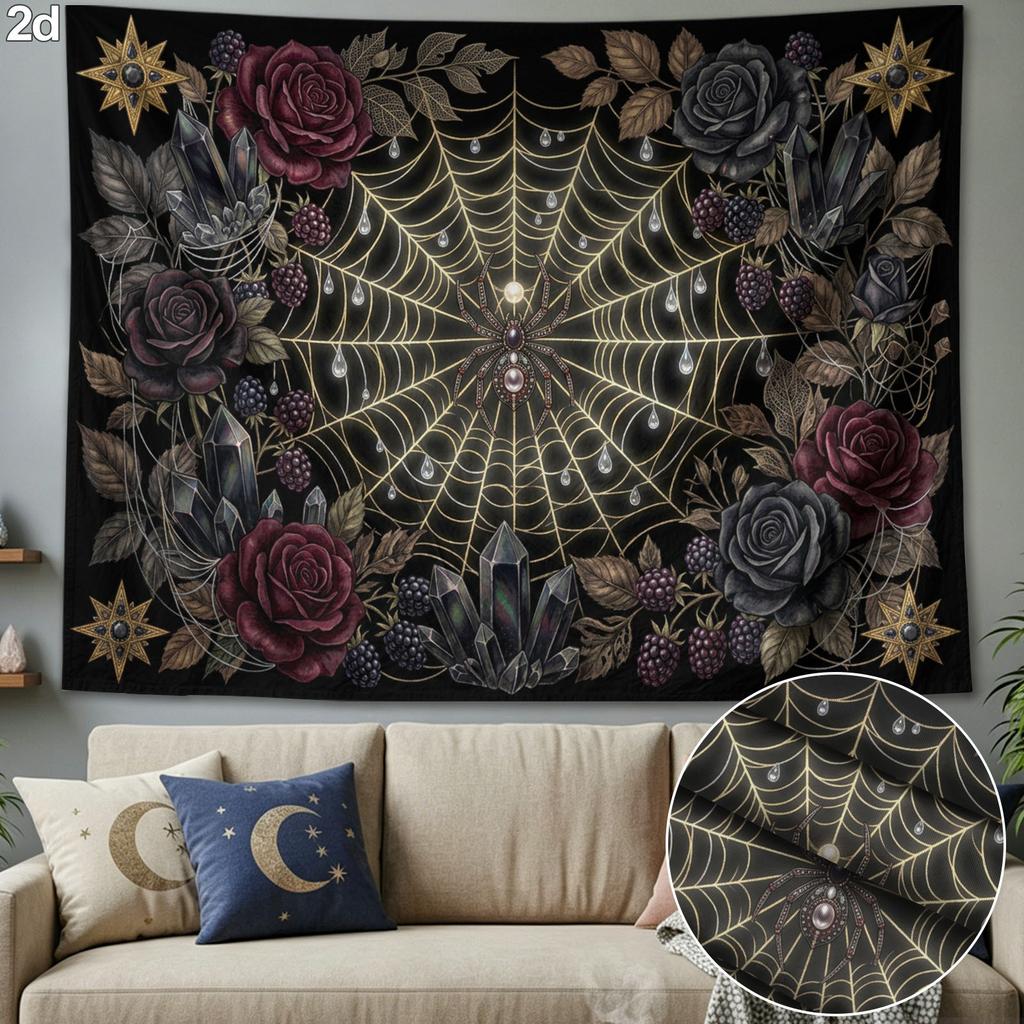 Gothic Rose Spiderweb Tapestry Wall Hanging Banner, Large Size Printed Hanging Cloth, Aesthetic Bedroom Hanging Tapestry for Party Celebrations, Bedro