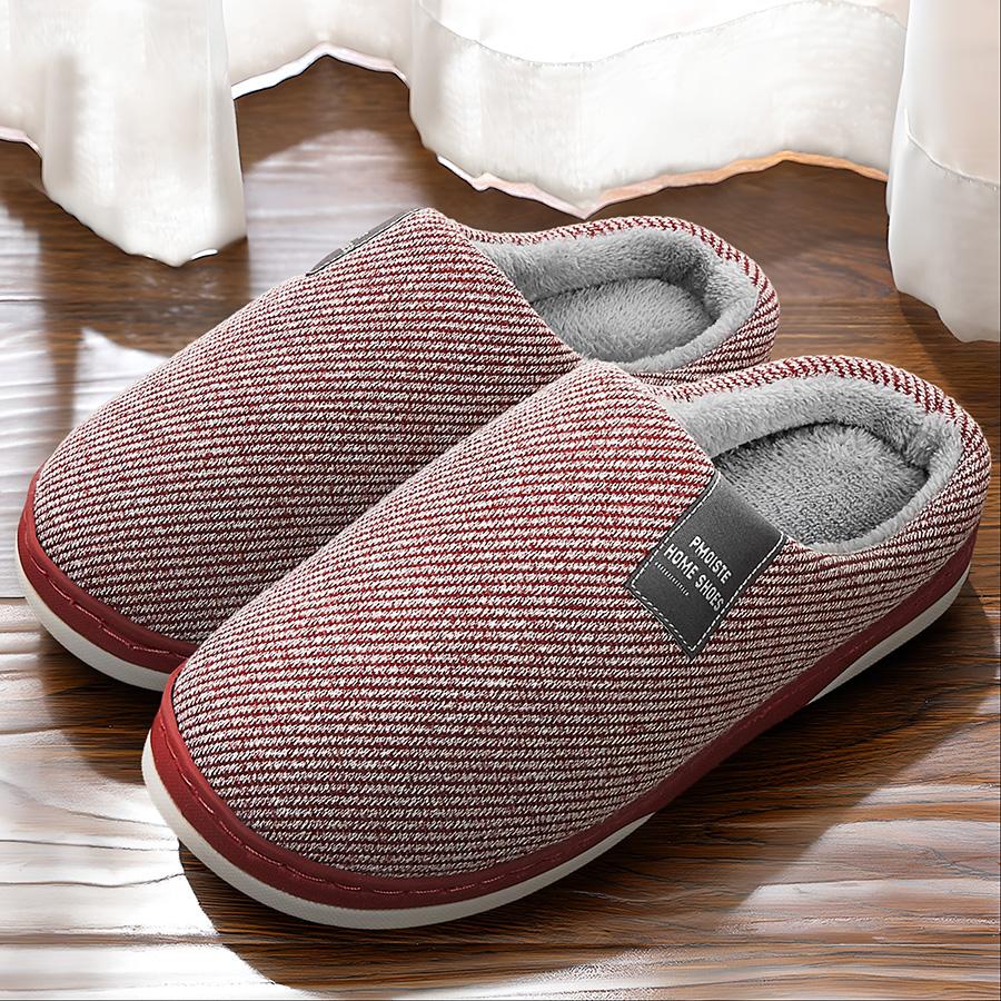 Men's Home Slippers 2024 Winter Warm Fuzzy Lined Male House Shoes Stripe Soft Memory Foam Non-slip Indoor Slipper Man Plus Size
