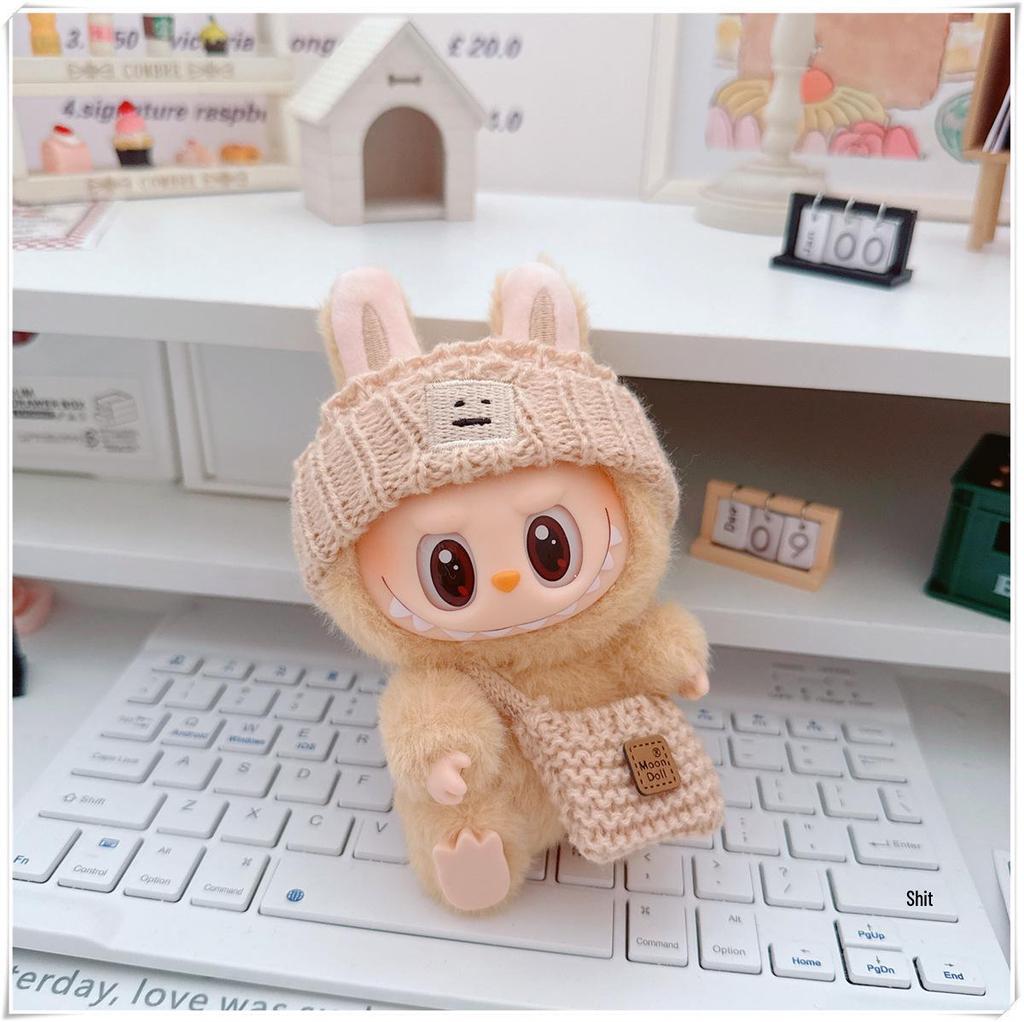 17cm Labubu Doll Clothes Set: Heart Sweater, Hat, Crossbody Bag - First & Second Generation.