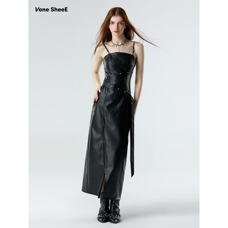 Vone Sheee Early Autumn Design Hot Girl New Style Women's Fitted Spaghetti Strap Dress Cool and Spicy Spaghetti Strap Leather Long Dress