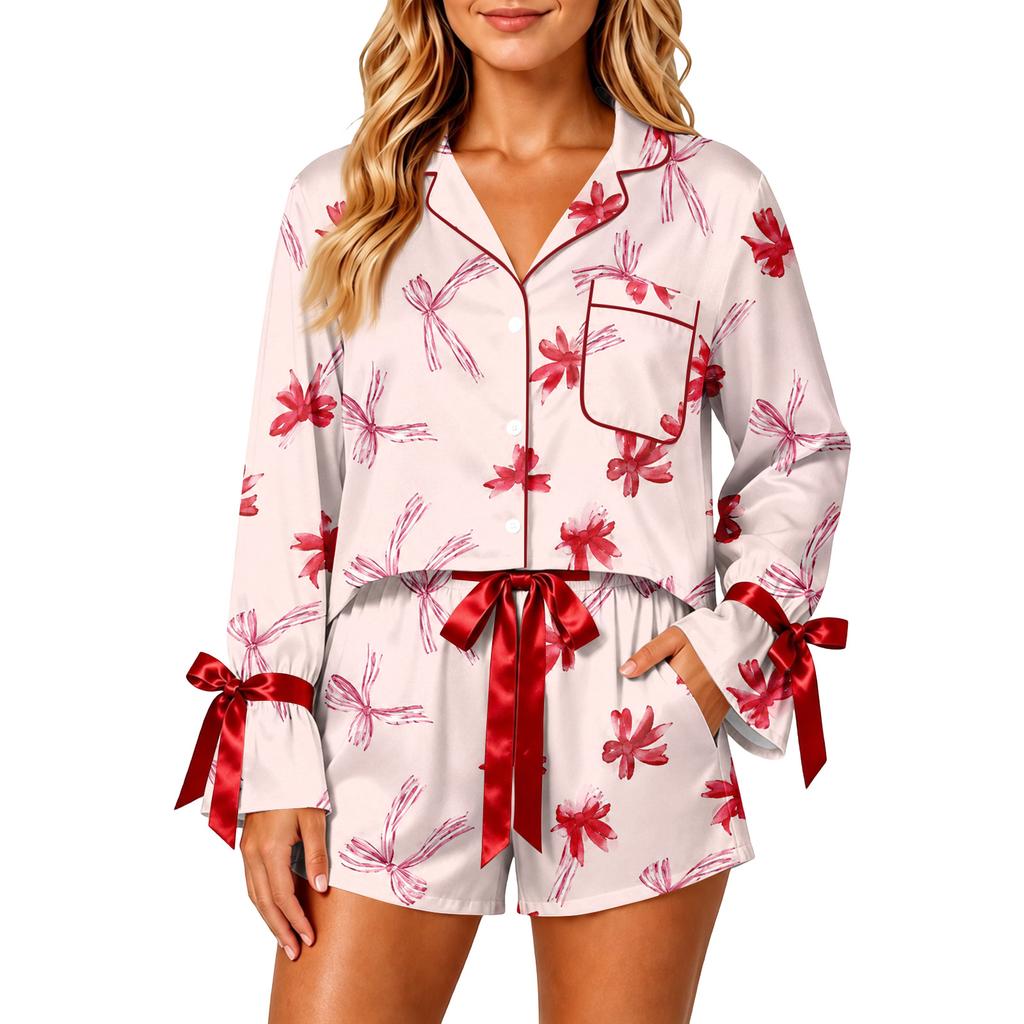 Women's Christmas Pajama Set with Button Down Shirt and Shorts Sleepwear