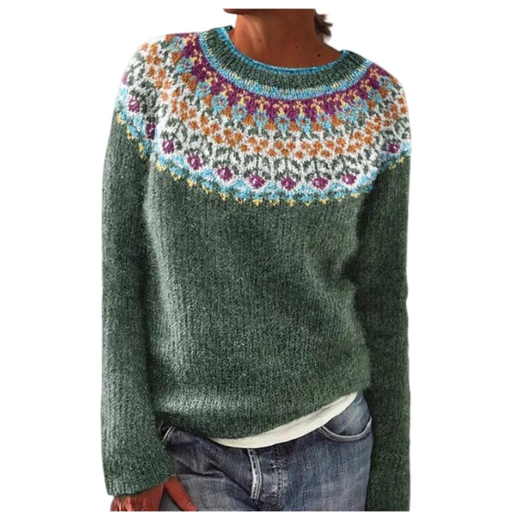 Ladies' Fashion Sweater, Round Neck, Color-block, Loose Pullover Long-sleeved Knitted Shirt Top