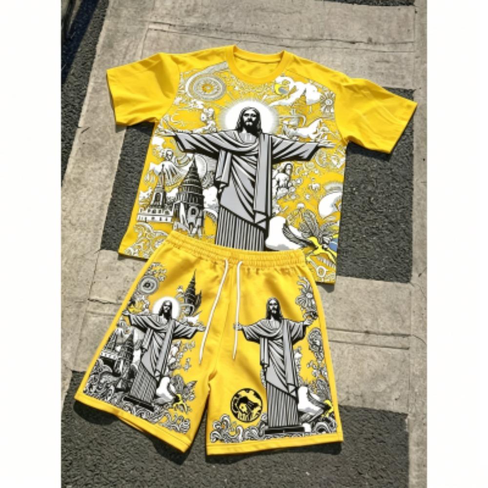 Europe and America Fashion JESUS Printing Outdoor Street Men's T-shirt and Shorts 2 Piece Set Summer Casual Outfit Men's and Women's Sports Set