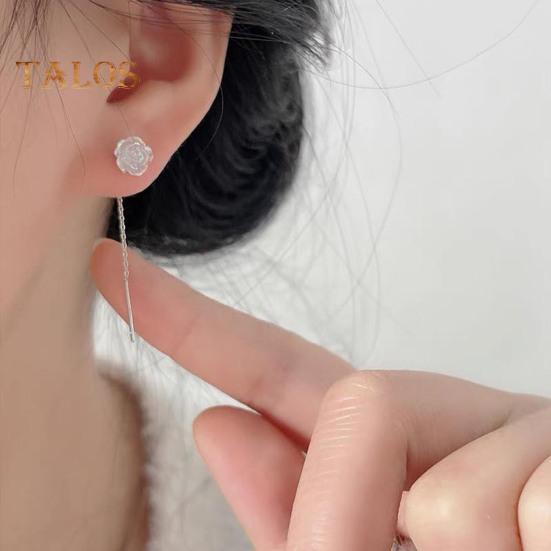 1 Pair Women Stud Earrings 3D Rose Shape Linear Tassel Long Dangle Earrings Prom Party Bride Wedding Ear Jewelry