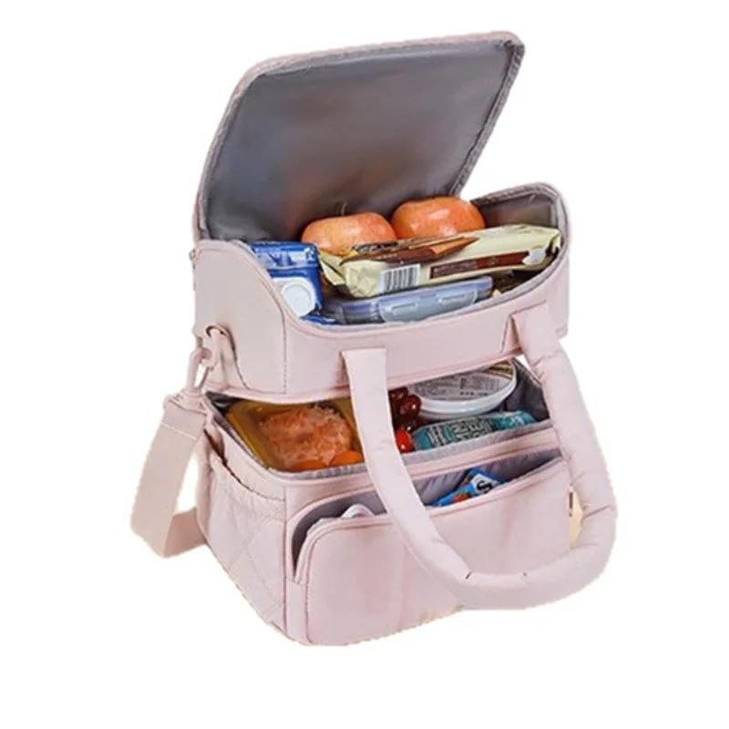 Portable Double Layer Insulated Lunch Bag Quilted Thermal Picnic Cooler Tote Leak-Proof Food Container for Work School Outdoor