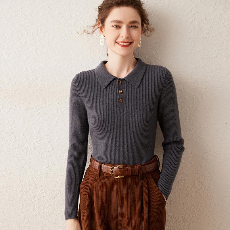 Women's Cashmere Polo Collar Sweater - Autumn/Winter Style with Button Detail