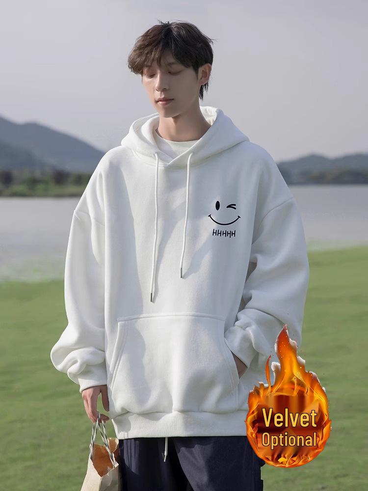 Men's Navy Blue Casual Hoodie: Autumn & Winter, American Style, Plus Velvet, Loose Fit, Plus Sizes Available