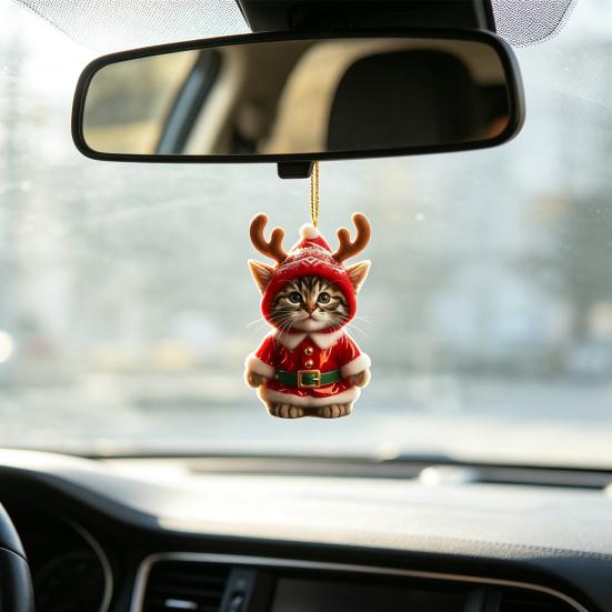 Christmas Car Rearview Mirror Accessories Santa Cat Ornament, Acrylic Hanging Decor with Kitten Pendants Reindeer Antlers, 2D Cute Bag Charm