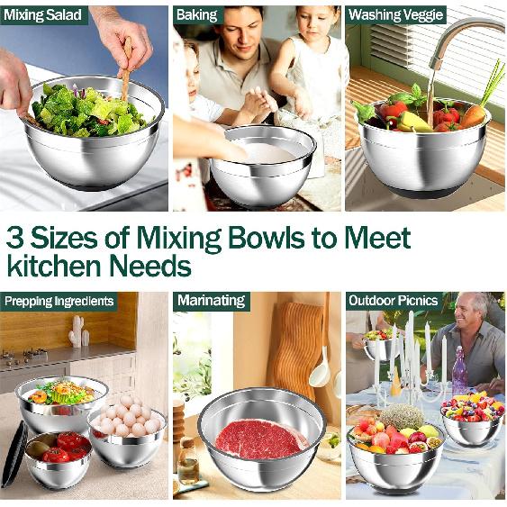 Mixing Bowls with Airtight Lids, Stainless Steel Mixing Bowl Set with 3 Metal Nesting Bowls, Colander & Grater, Non-Slip Bottoms, Size 1.5, 2.5, 5