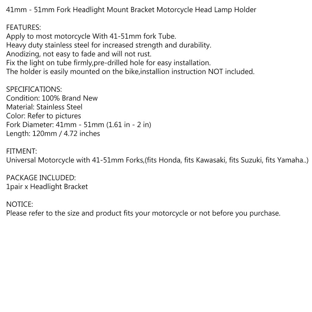 41mm-51mm Fork Black Headlight Mount Bracket Motorcycle Head Lamp Holder Adapter