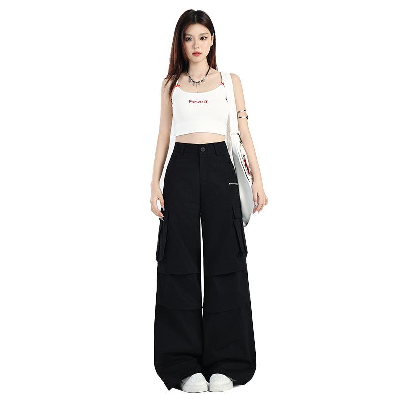 American multi-pocket black overalls women's trendy brand 1116 summer new wide-leg casual trousers