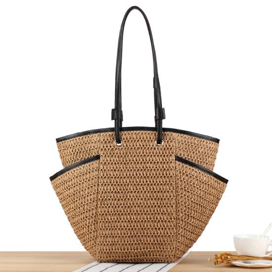 Straw Woven Shoulder Bag with Multiple Pockets Zipper Closure Handmade Braided Vacation Leisure Handbag