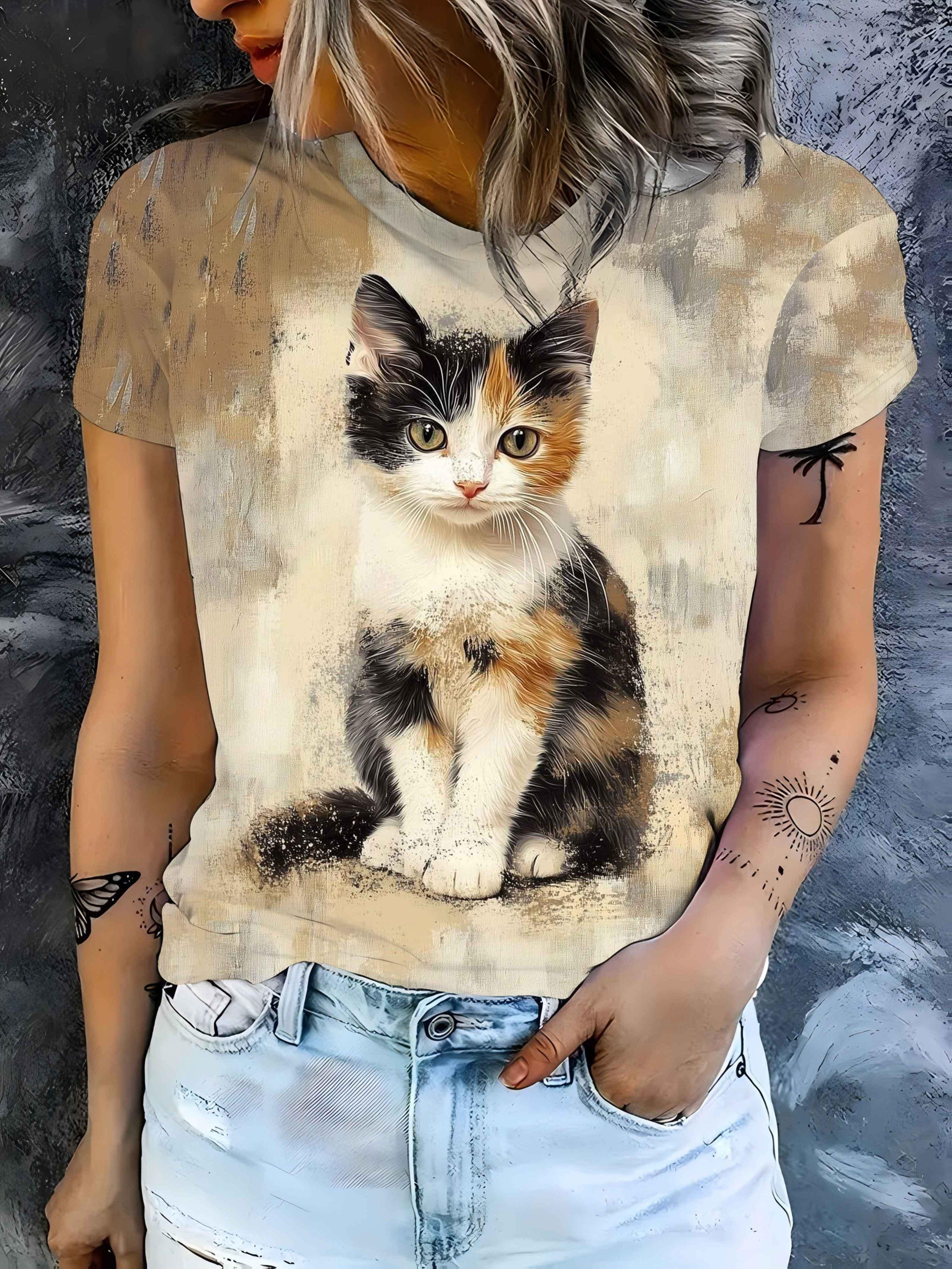 

Women S Vintage-Style Realistic Three-Color Tortoiseshell Cat Printed Short-Sleeve T-Shirt. a And Cute Pet Design for Artistic And Casual Wear S дубильная кора