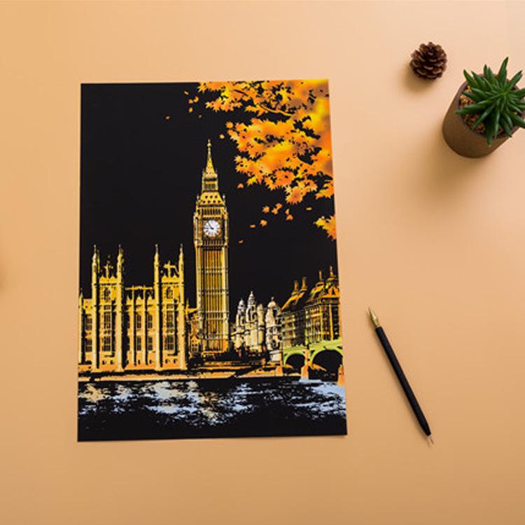 Pittura a Graffio Vista Notturna della Città di Yuelu - Serie Mondo Colorato, Regalo di Compleanno Creativo