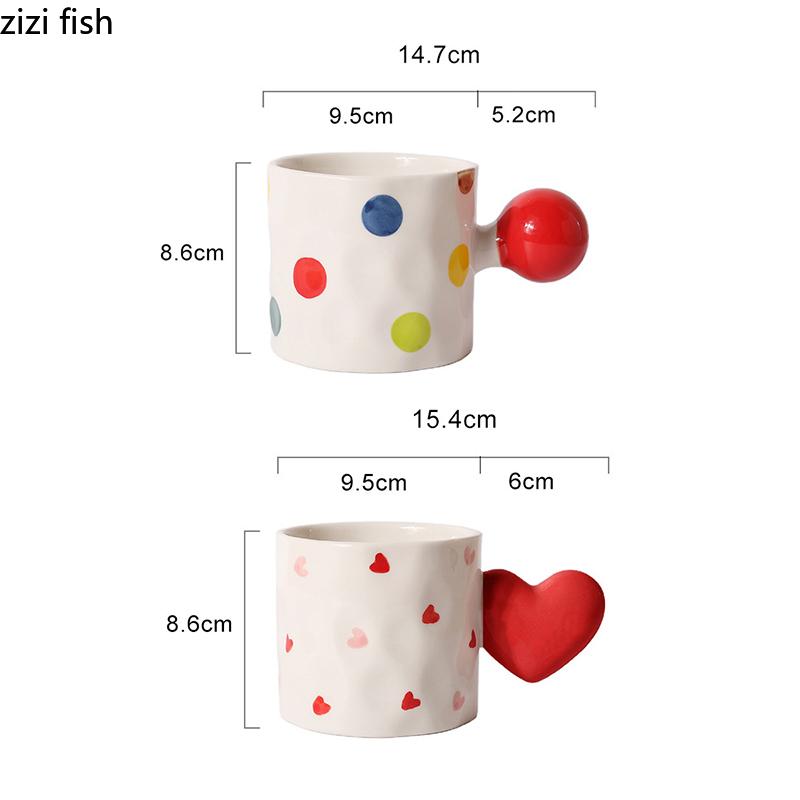 Creative Heart Shaped Ceramic Mug High Beauty Polka Dot Coffee Mug Office Cute Milk Cup Breakfast Cup Household Water Cups