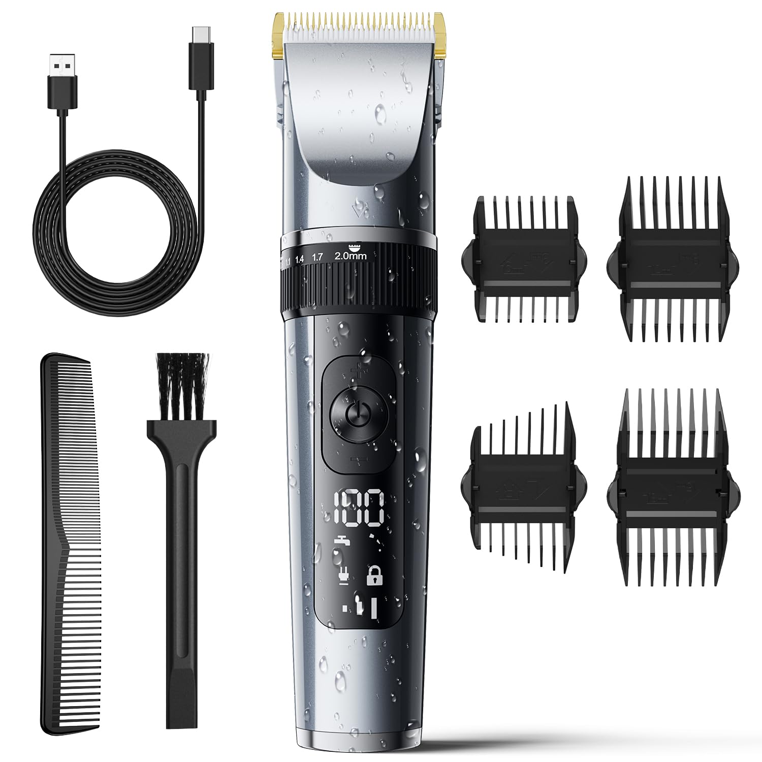 

Hair Clipper for 8 Types Guide 3 Speed 5 Level Cutting Height Electric Low For Hair Large LED Automatic Large Men, Type-C Rechargeable, Comb,