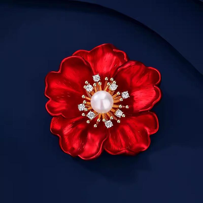 

Elegant Chinese Red Peony Pearl Brooch for Women s Coats