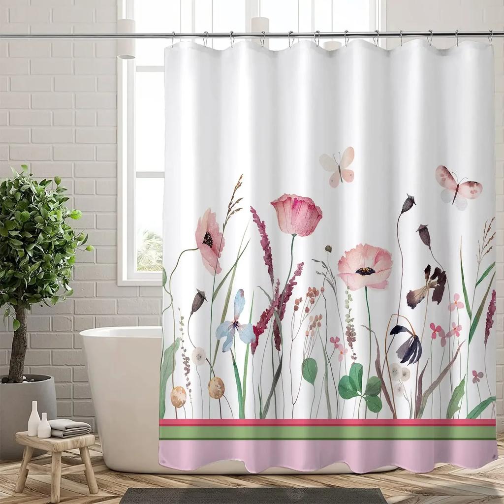 Floral Shower Curtains for Bathroom Pink Plant Flowers Watercolor Butterfly Wildflower Botanical Bathroom Curtain Set,Waterproof