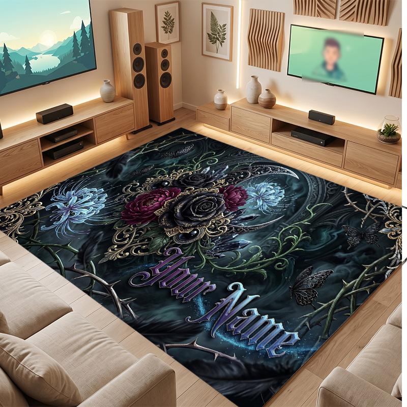 Tappeto Morbido in Velluto di Cristallo Tema Gotico Teschio Stampa Personalizzata Nome e Testo Tappeto Antiscivolo per Camera da Letto Soggiorno