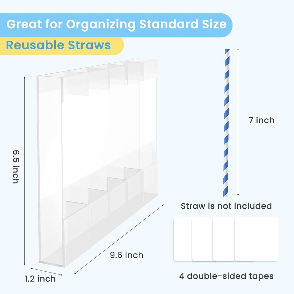 Acrylic Straw Holder for Cabinet, Reusable Straw Organizer with Double Sided Adhesive Tape Tumbler Straws Storage Container for Cupboard Drinking