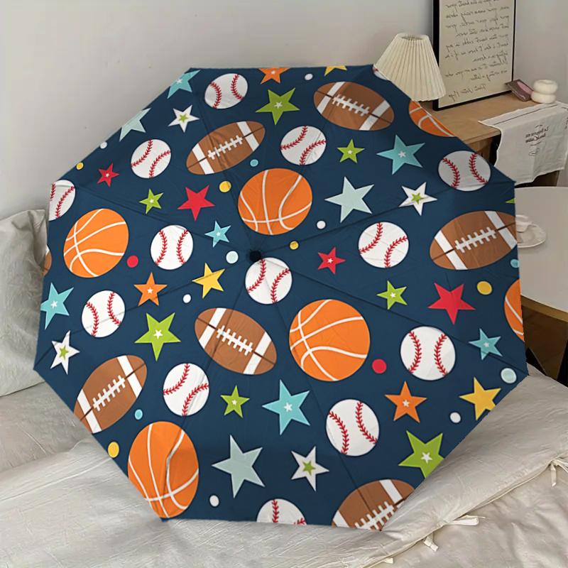 Sports Ball & Star Pattern Automatic Opening/Closing Umbrella - Portable Tri-Fold Design, 8-Rib Iron Frame Outdoor Umbrella, Ideal Gift for
