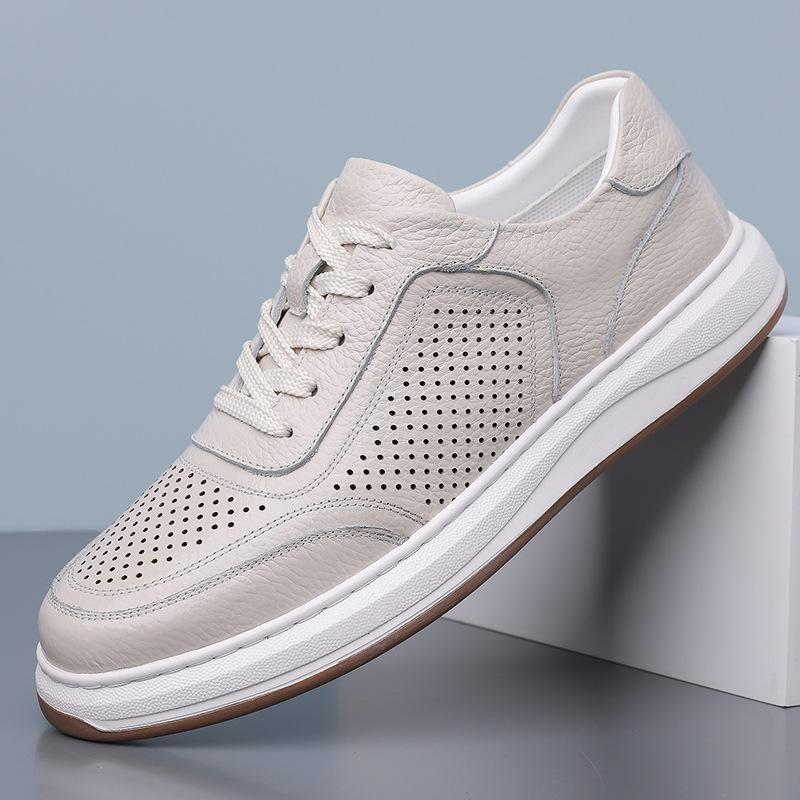 Low-top hollowed-out leather shoes men's 2025 summer cowhide casual leather sandals lace-up breathable hole sandals 2025