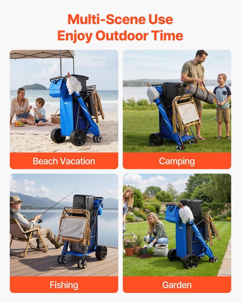 Strandkarre mit großen Rädern für Sand, 75 kg Tragfähigkeit, Robuster faltbarer Strandwagen mit 250 mm Vollgummirädern, Isolierte Kühltasche, Sonnenschirm