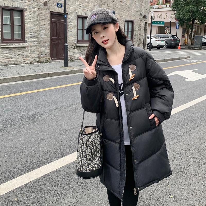 Horn button down cotton jacket mid-length cotton jacket women's winter 2025 new loose warm thickened padded jacket jacket