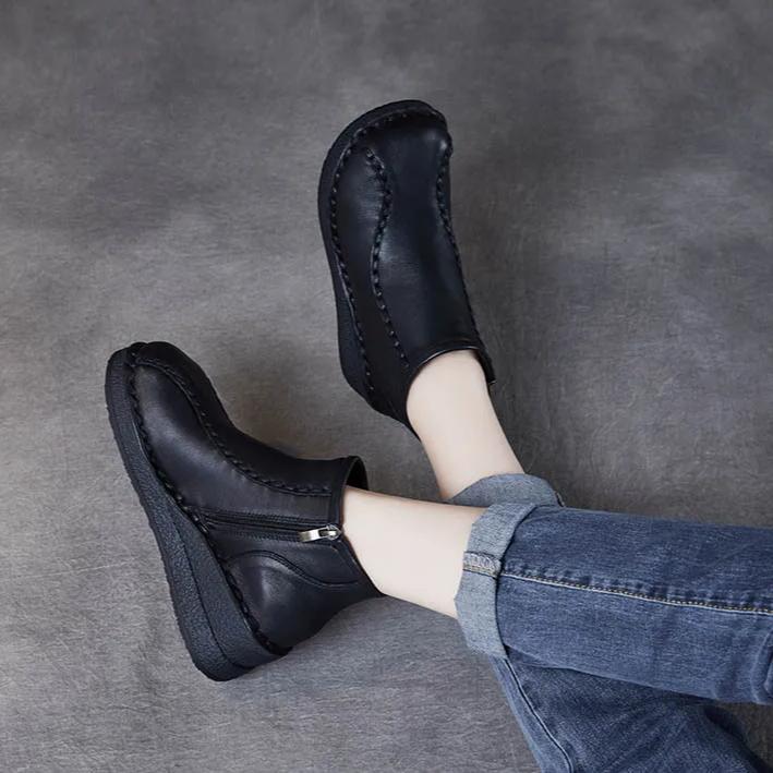 Johnature Retro Soft Soled Wedges Short Boots Genuine Leather Women's Shoes Round Toe Plush Cotton Boots