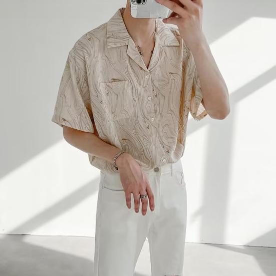 Men's Printed Short Sleeve Shirt Button Down Lapel Shirt with Pocket Summer Casual Beach Top for Vacation Travel