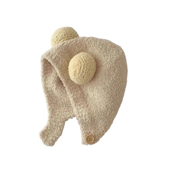 Children Hat with Bear Ear Design Solid Color Button Closure Elastic Breathable Winter Cap Cold Weather Accessory