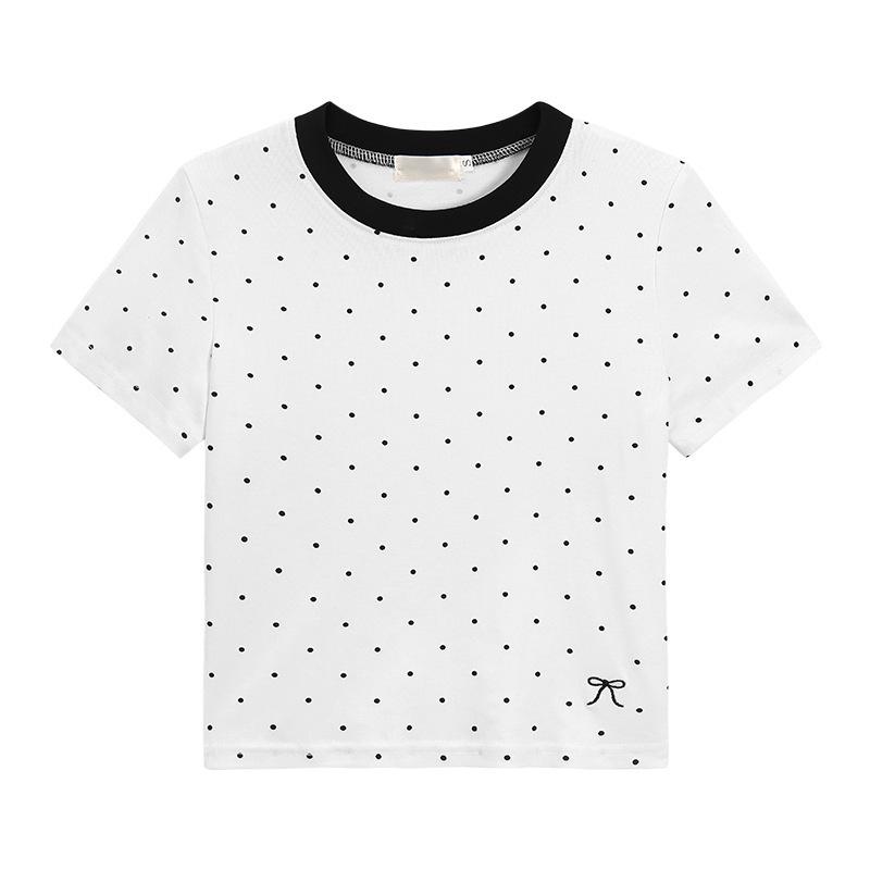 

Summer 2024 Slim Fit White Polka Dot Women s T-Shirt with Straight Shoulders and Short Sleeves S білий