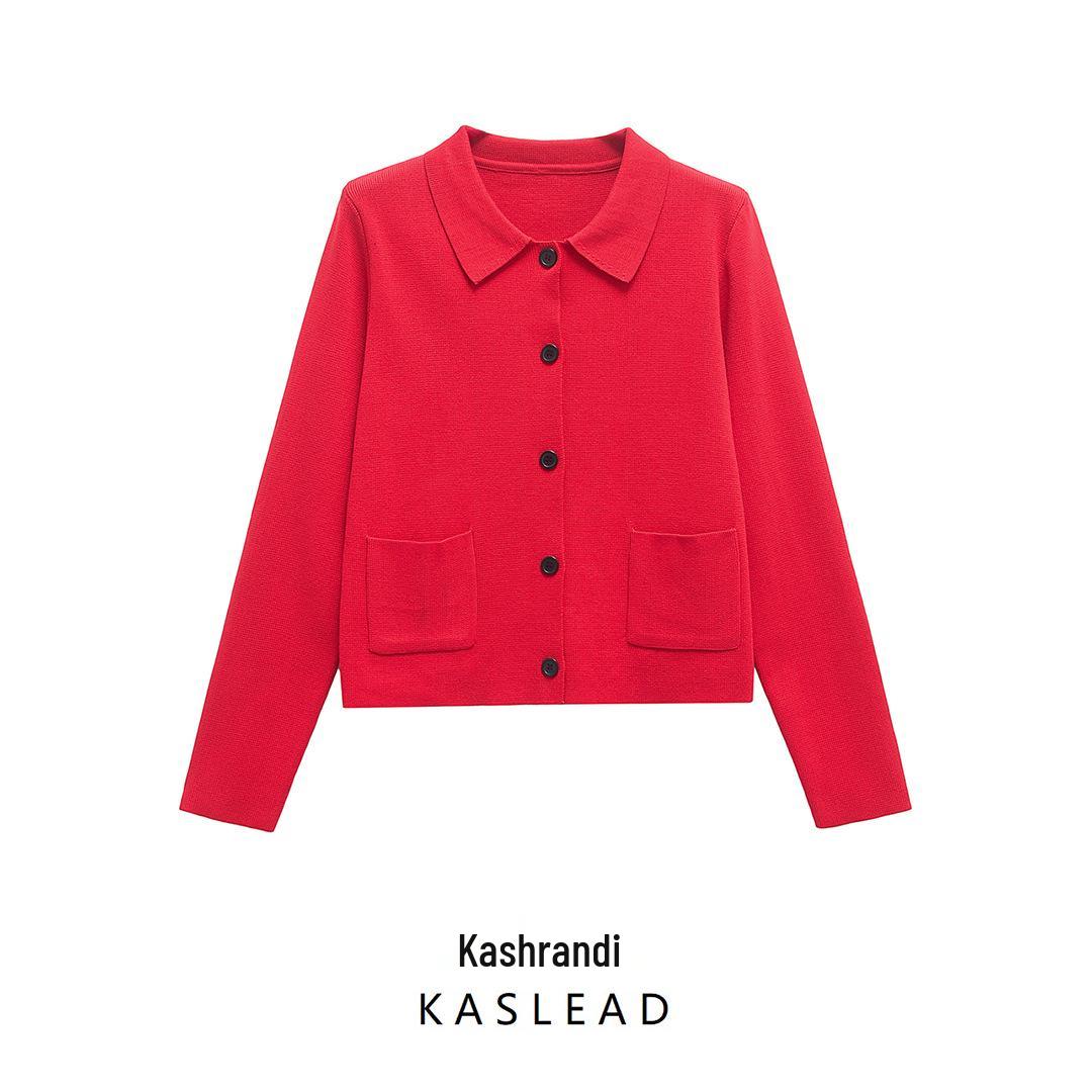 

2025 Spring Women s European & American Fashion Lapel Long Sleeve New Year Knit Cardigan Large червоний