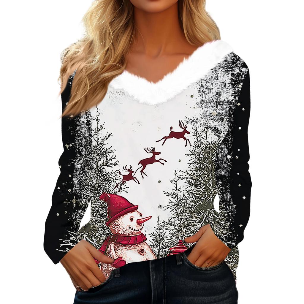 Damenmode Langarm Weihnachten V-Ausschnitt Bedrucktes Party Felliges Oberteil