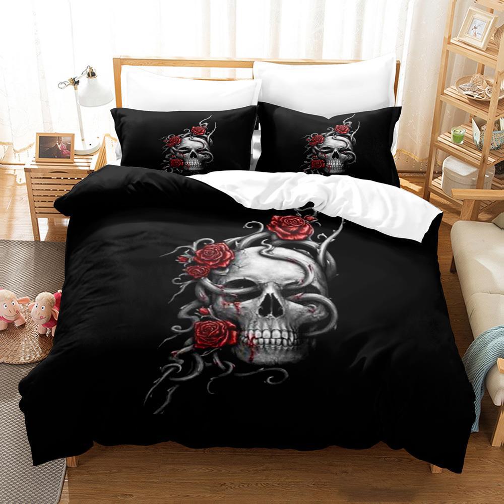 Roses and Skulls All Season Twin Bedding Set Single Twin Full Queen King Size Bed Set Aldult Kid Bedroom Duvetcover Sets Anime