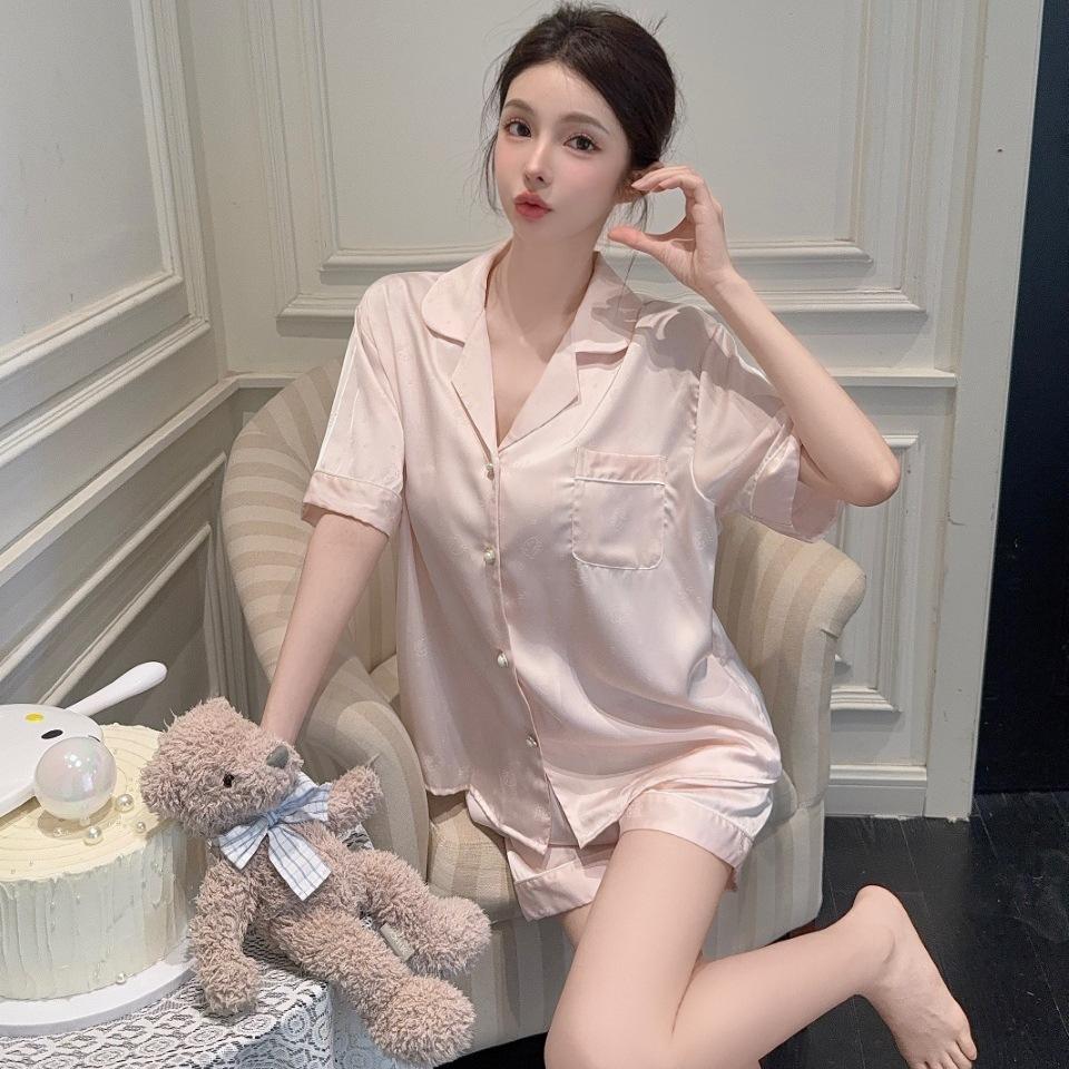 1011 Summer New Ice Silk Pajamas Women's Short-sleeved Shorts Sweet Wind Thin Lapel Loungewear Set Can Be Worn Outside