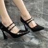Black Fashion Versatile Horseshoe Heel Single Shoes Autumn 2025 New Thick Heel Pointed Two Word Belt Buckle High Heels