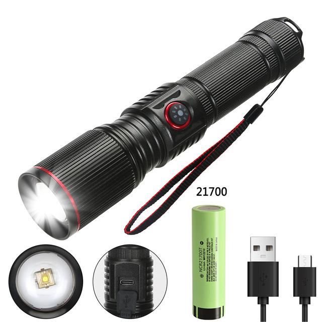 Portable Powerful LED Flashlight 2000LM Tactical Zoom Torch USB Rechargeable 18650 or 21700 Battery Camping Fishing Lantern