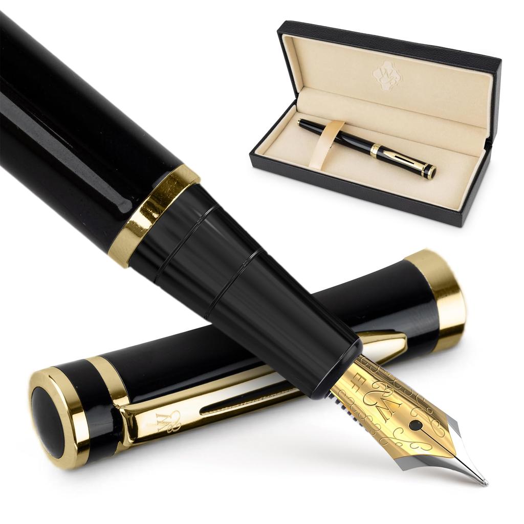 Wordsworth Black Fountain Pen 18K Glided Broad Includes 24 Pack Ink Ink Refill Converter Gift Gold Perfect for Men Women & Set, Nib, Cartridges, &