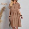 Women's Cotton Linen Summer Dress Round Neck Short Sleeve Midi Dress Loose Casual Beach Vacation Flowy Dress with Pockets