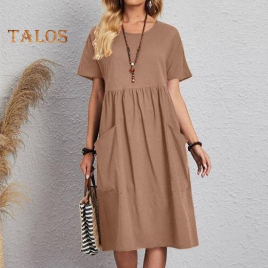 Women's Cotton Linen Summer Dress Round Neck Short Sleeve Midi Dress Loose Casual Beach Vacation Flowy Dress with Pockets