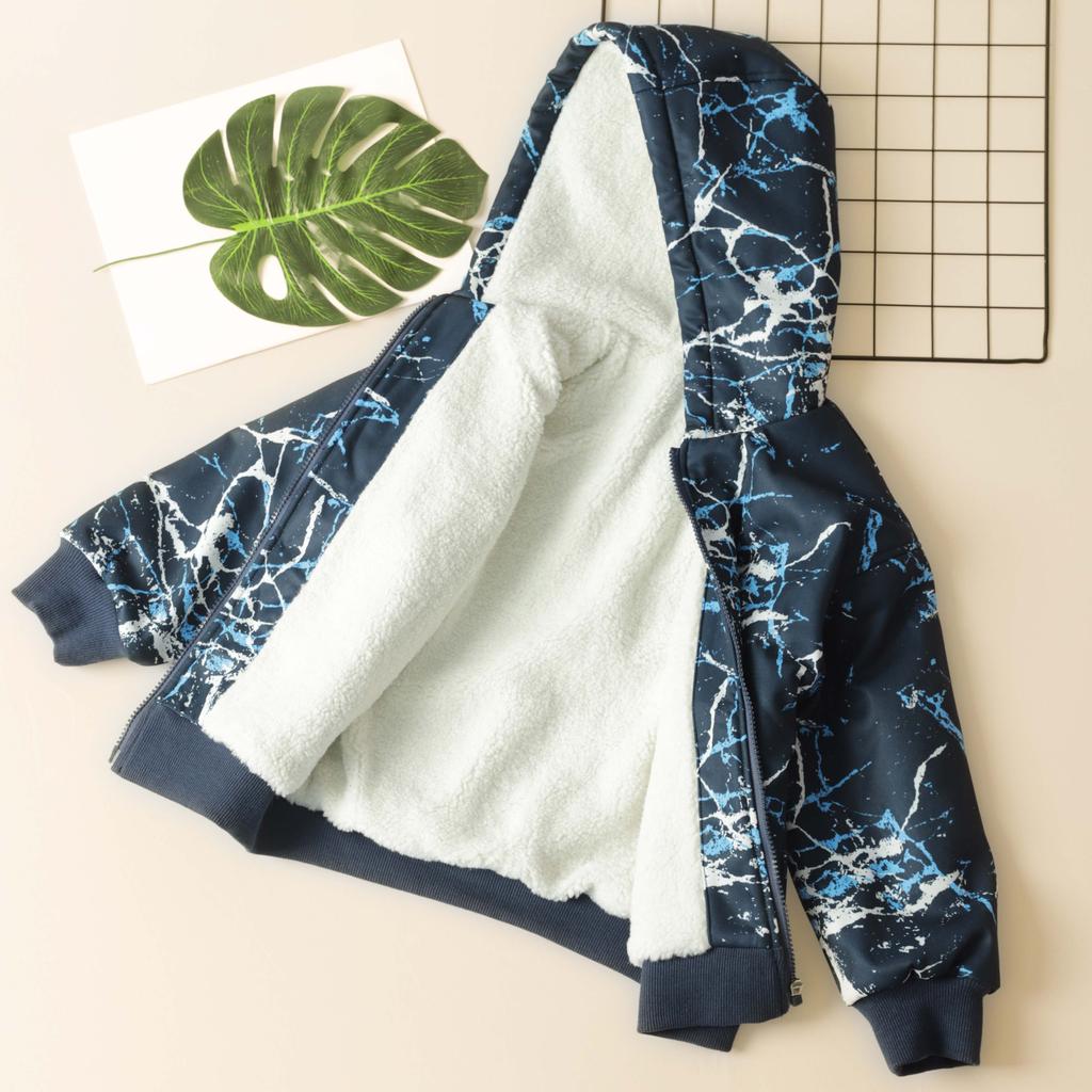 Kid's Marble Pattern Fleece Lining Jacket, Warm Zip Up Hooded Coat, Boy's Clothes For Fall Winter Outdoor, As Gift