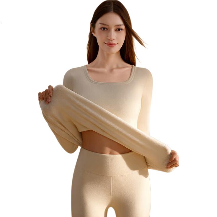 Urban Beauty Women's Thermal Underwear Set Autumn Winter Fleece Lined Thickened Lamb Wool U-Neck Cold Resistant Windproof