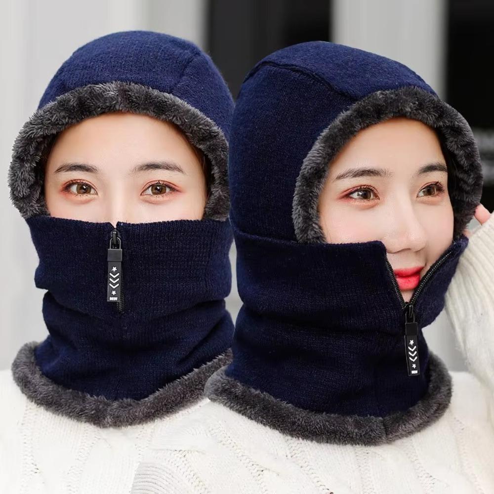 Zipper Hooded Thermal Cap Thickened Knitted Balaclava Cap Simple Knitted Scarf Hat  Outdoor