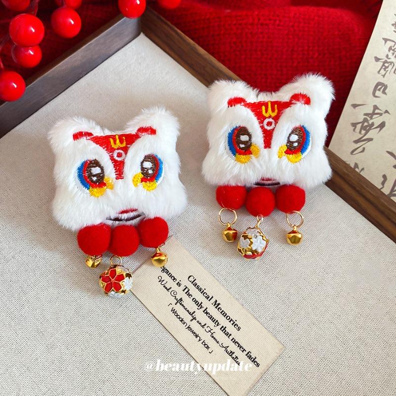 New Year's Flocking Lion Tassel Hairpin Guochao Chinese Red Personality Duck Bill Clip Hairpin Light Luxury High-end Hair Accessories Women
