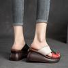 Johnature Retro Women Peep Toe Wedges Slippers Genuine Leather Thick Sole Slides Fashion Platform Shoes