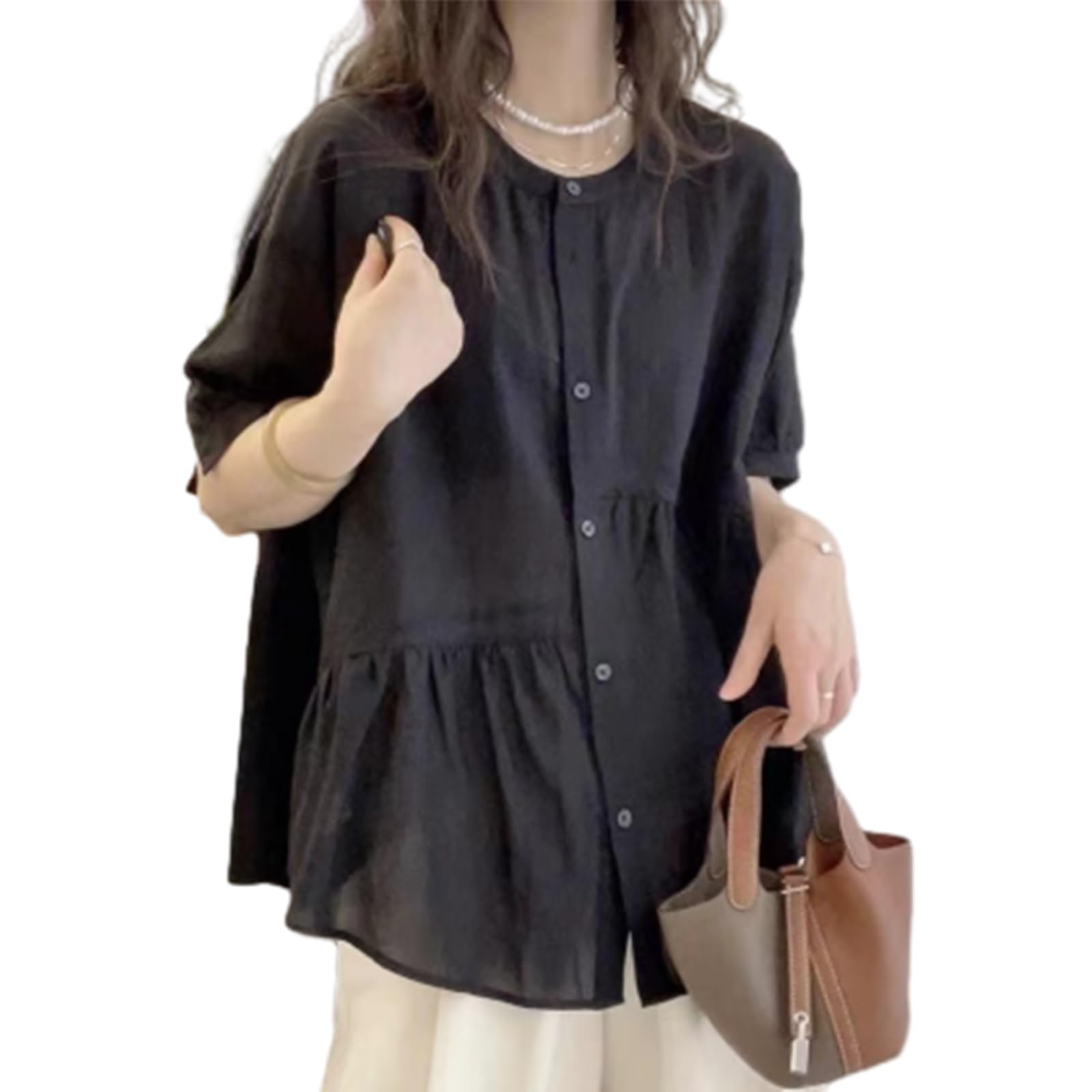 

ORWZDCO Cardigan Shirt Short Loose Solid Women s Blouse, Sleeve, Cotton, V-Neck, 3/4 Sleeves, Soft, Fit, Color, Fashionable, Casual, Office, чёрный