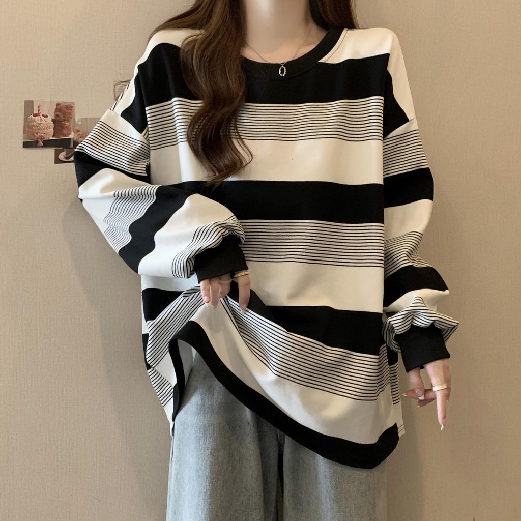 American Retro Striped Thin Sweater Long-sleeved T-shirt Women's Autumn Loose Student Top
