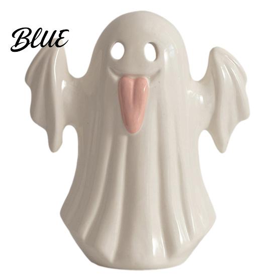 Gift for Halloween Party Light Up Ceramic Ghost Figurines Decor Cute White Statue Decorative Sculpture with Pink Tongue LED Night Home Table Office
