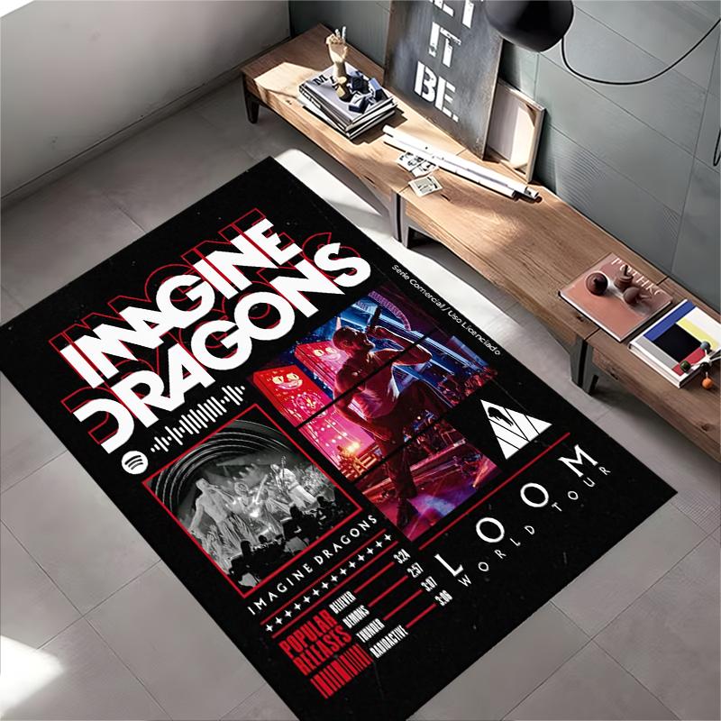 Rock Band Area Rug, Imagine Dragons Loom World Tour Concert Poster Red Black Believer Radioactive Print, Rock Decor, Non-Slip Mat